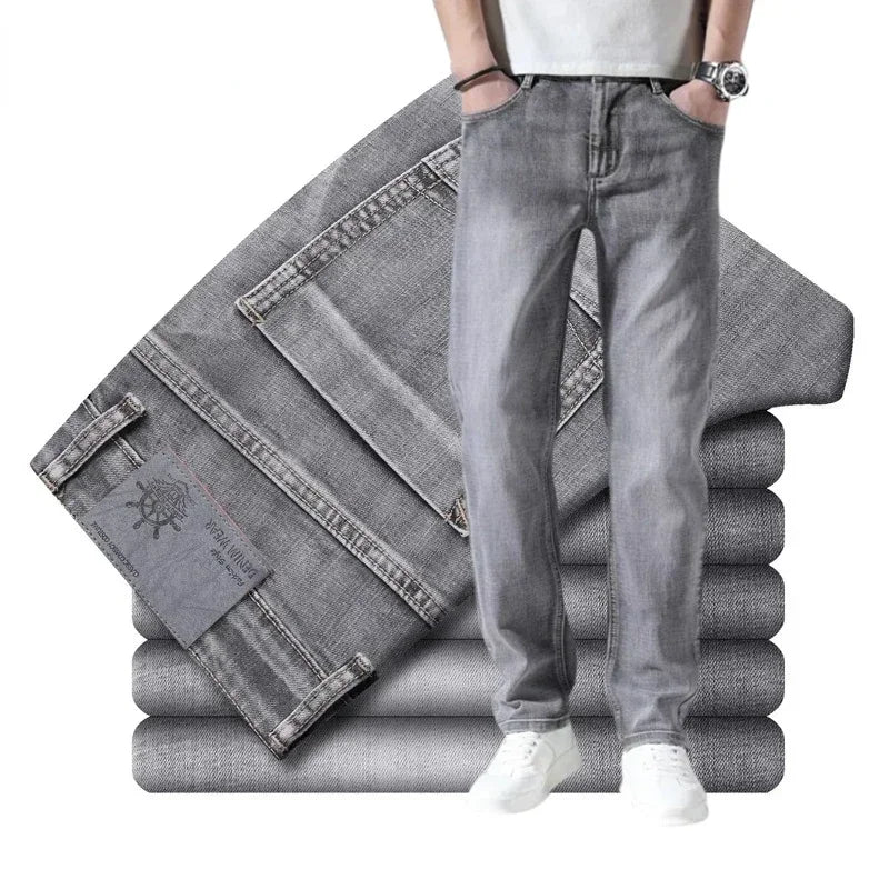 2024 Business Casual Men's Thin Denim Jeans Cotton Stretch Jeans Grey Spring Summer Brand New Fit Straight Lightweight