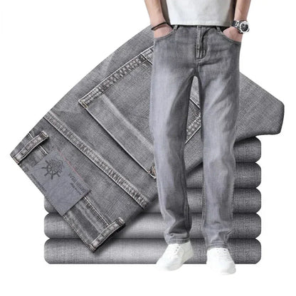 2024 Business Casual Men's Thin Denim Jeans Cotton Stretch Jeans Grey Spring Summer Brand New Fit Straight Lightweight