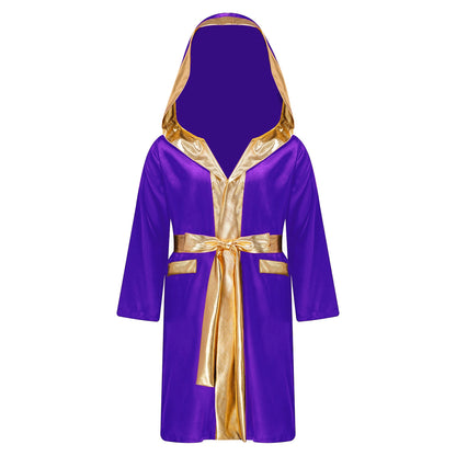 Kids Boys Boxing Robe Boxer Cosplay Costume Long Sleeve Open Front Hooded Cloak with Belt for Kickboxing Workout Sports Fitness