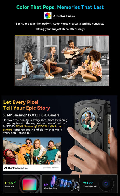 【World premiere】Blackview BV8200 Rugged Phone 6.5" 2.4K 120Hz Display Helio G100 NFC 12GB 256GB Android 14 45W Charger CellPhone