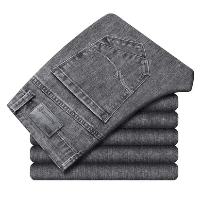 2024 Business Casual Men's Thin Denim Jeans Cotton Stretch Jeans Grey Spring Summer Brand New Fit Straight Lightweight