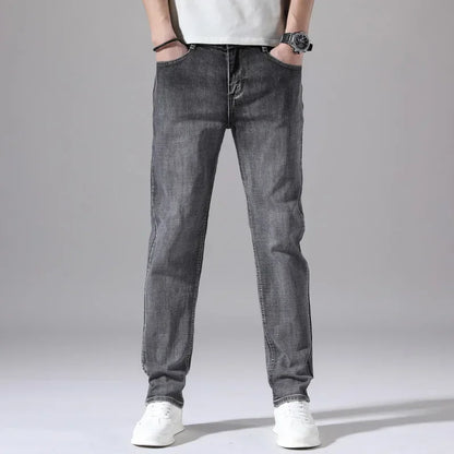 2024 Business Casual Men's Thin Denim Jeans Cotton Stretch Jeans Grey Spring Summer Brand New Fit Straight Lightweight
