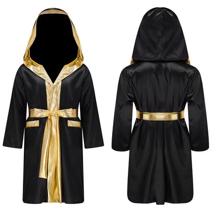 Kids Boys Boxing Robe Boxer Cosplay Costume Long Sleeve Open Front Hooded Cloak with Belt for Kickboxing Workout Sports Fitness
