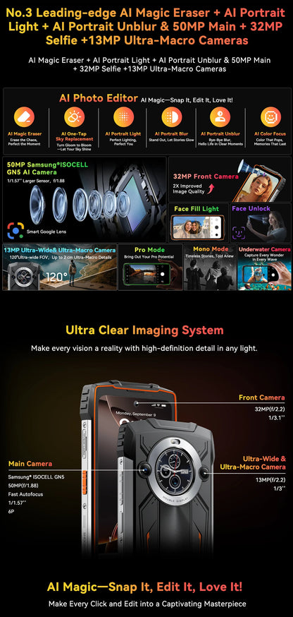 【World premiere】Blackview BV8200 Rugged Phone 6.5" 2.4K 120Hz Display Helio G100 NFC 12GB 256GB Android 14 45W Charger CellPhone