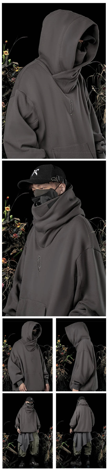 Autumn Embroidery Turtleneck Men's Hooded Sweatshirt Japanese Ninja Oversized Hoodies Hip Hop Fleece Pocket Streetwear Y2K Hoody