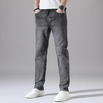 2024 Business Casual Men's Thin Denim Jeans Cotton Stretch Jeans Grey Spring Summer Brand New Fit Straight Lightweight