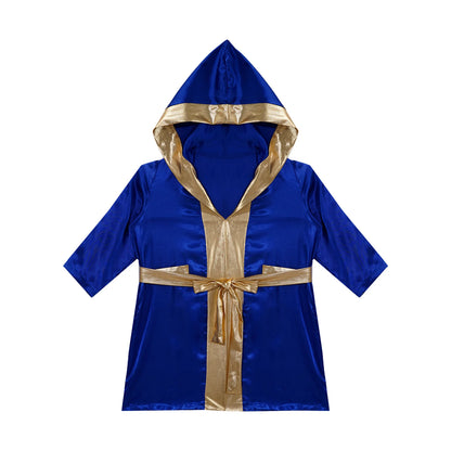 Kids Boys Boxing Robe Boxer Cosplay Costume Long Sleeve Open Front Hooded Cloak with Belt for Kickboxing Workout Sports Fitness